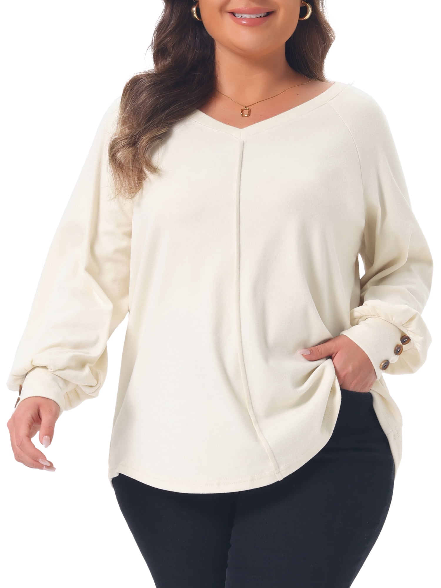 DARING DIVA Women's Plus Tunic V Neck Pleated Long Sleeve Tops 3X Apricot