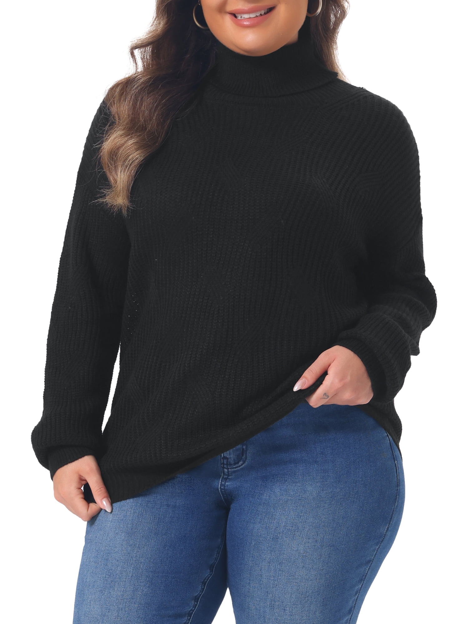 DARING DIVA Women's Plus Turtleneck Long Sleeve Chunky Pullover L Black