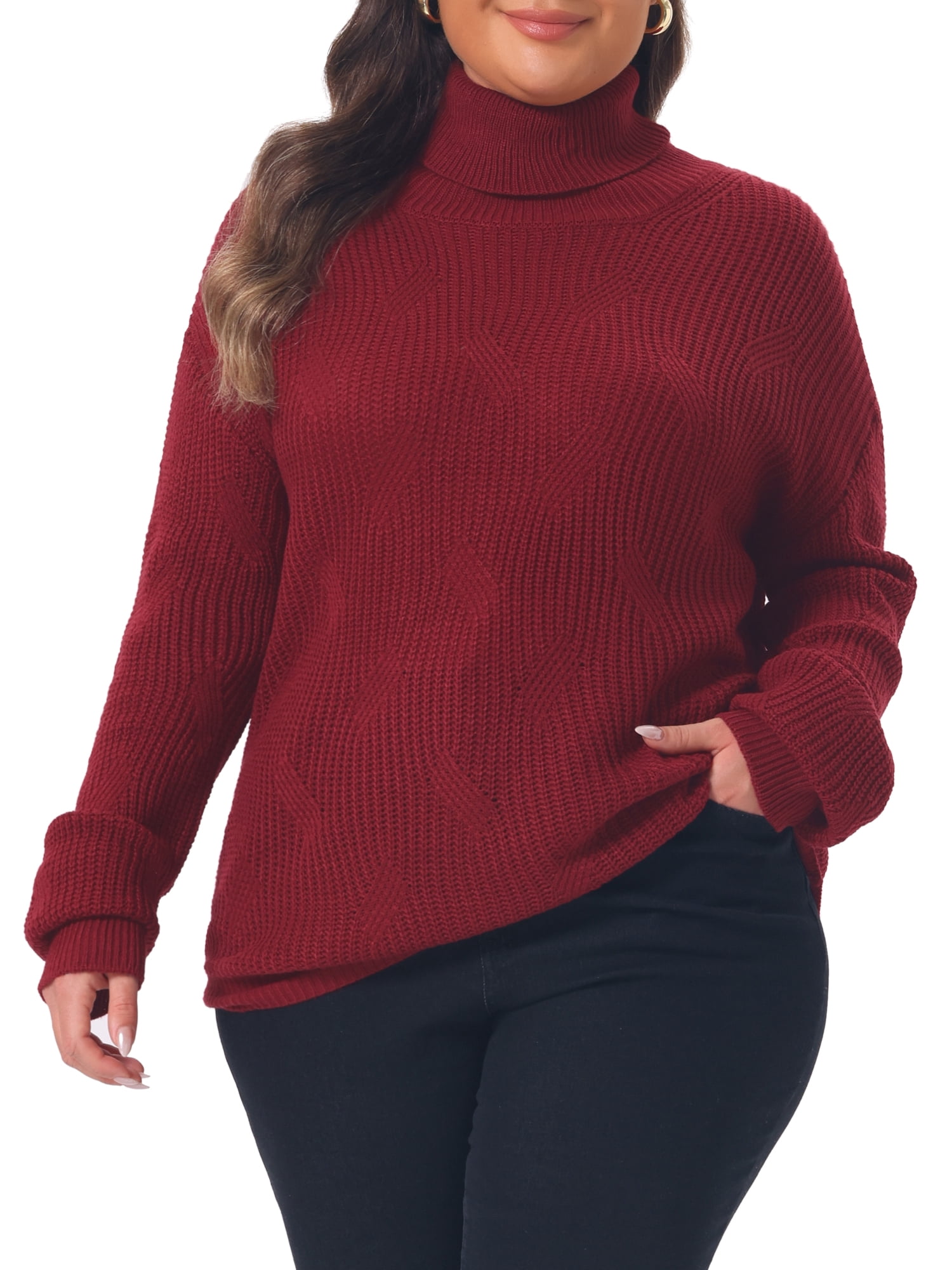 DARING DIVA Women's Plus Turtleneck Long Sleeve Chunky Pullover L Burgundy