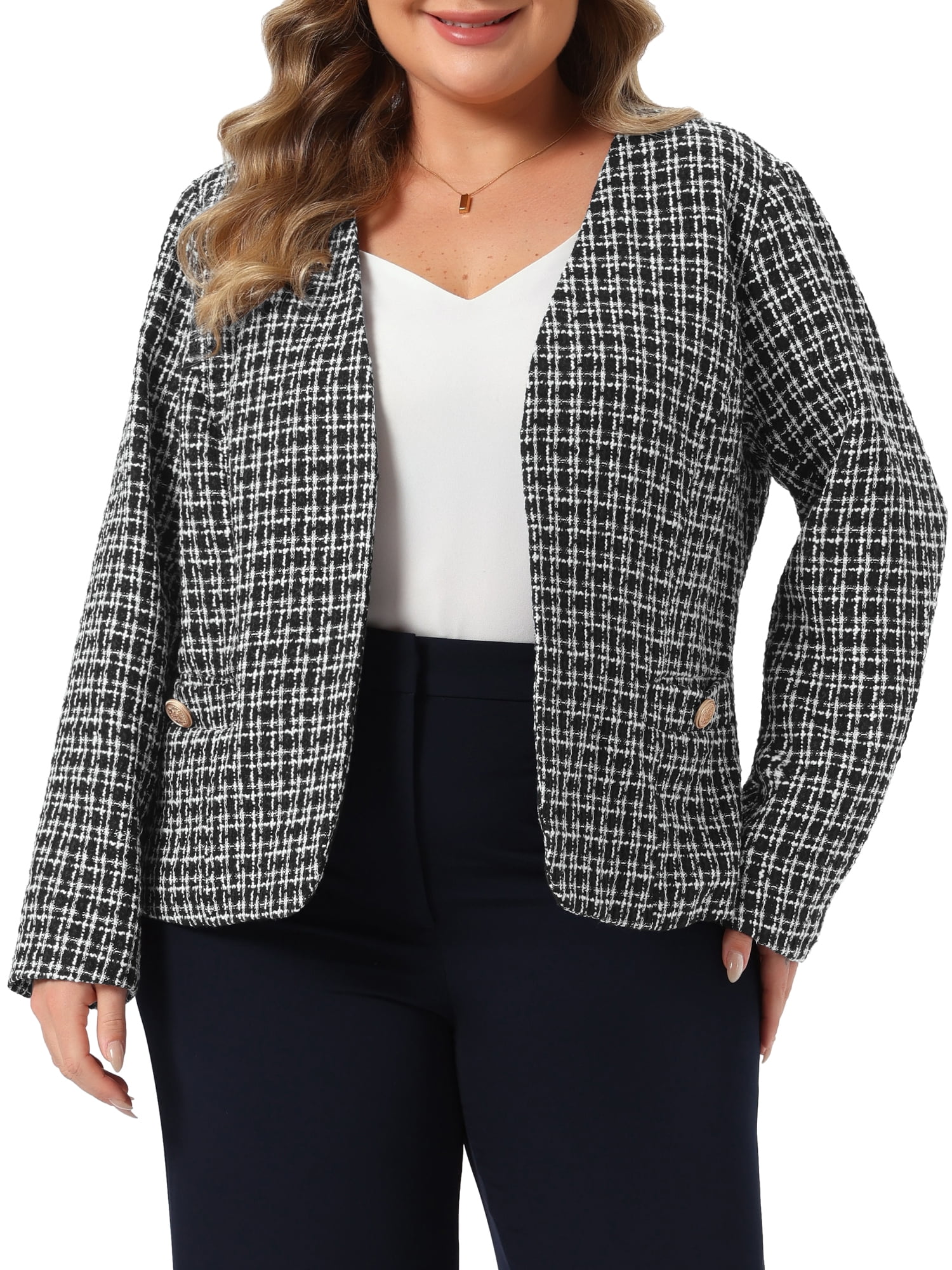 DARING DIVA Women's Plus Tweed Blazer Open Front Long Sleeve Jacket 4X Black