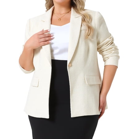 DARING DIVA Women's Plus Tweed Blazers Work Office Blazer Jackets Beige 1X