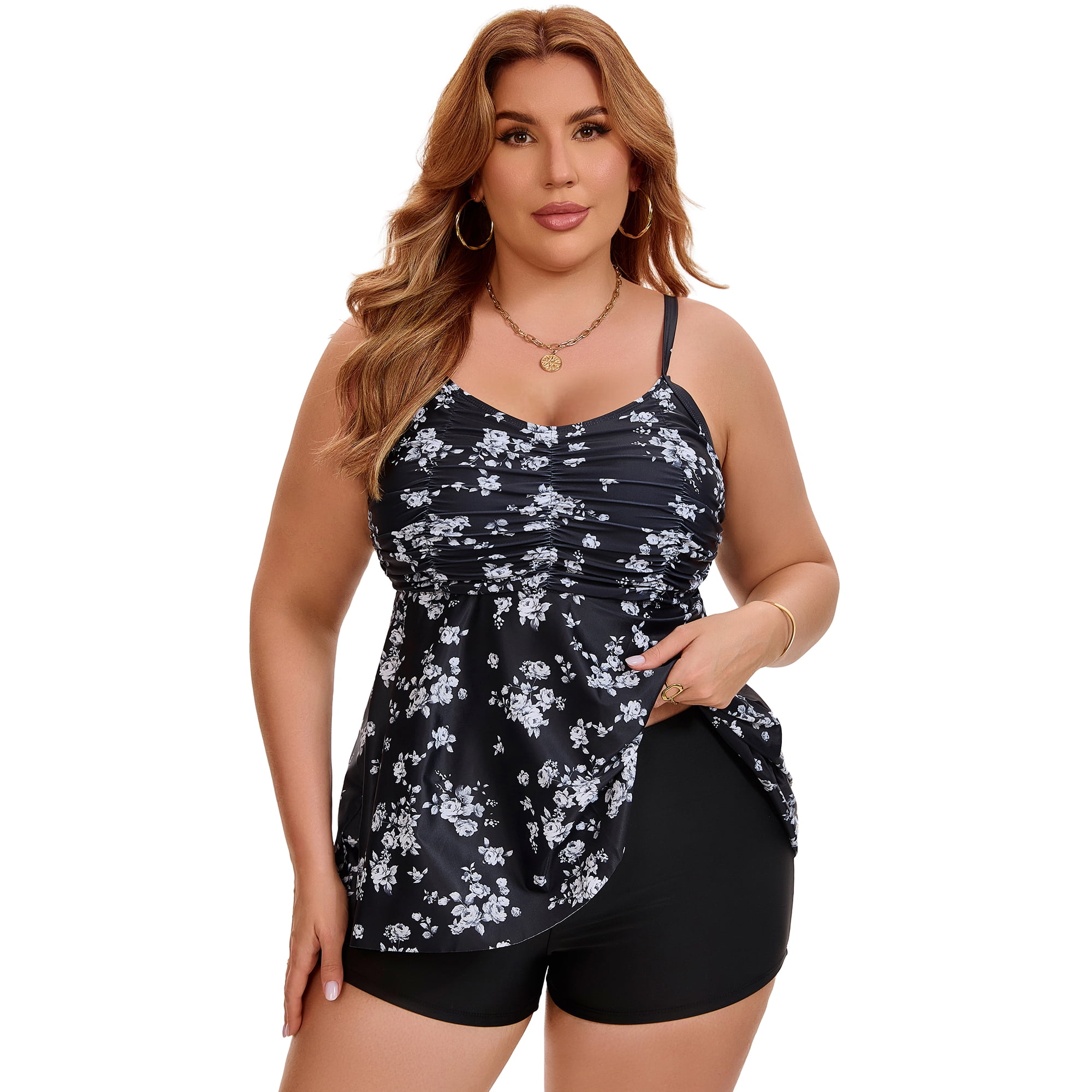 DARING DIVA Women's Plus Two Piece Swimsuit Tankini Top with Shorts L Black