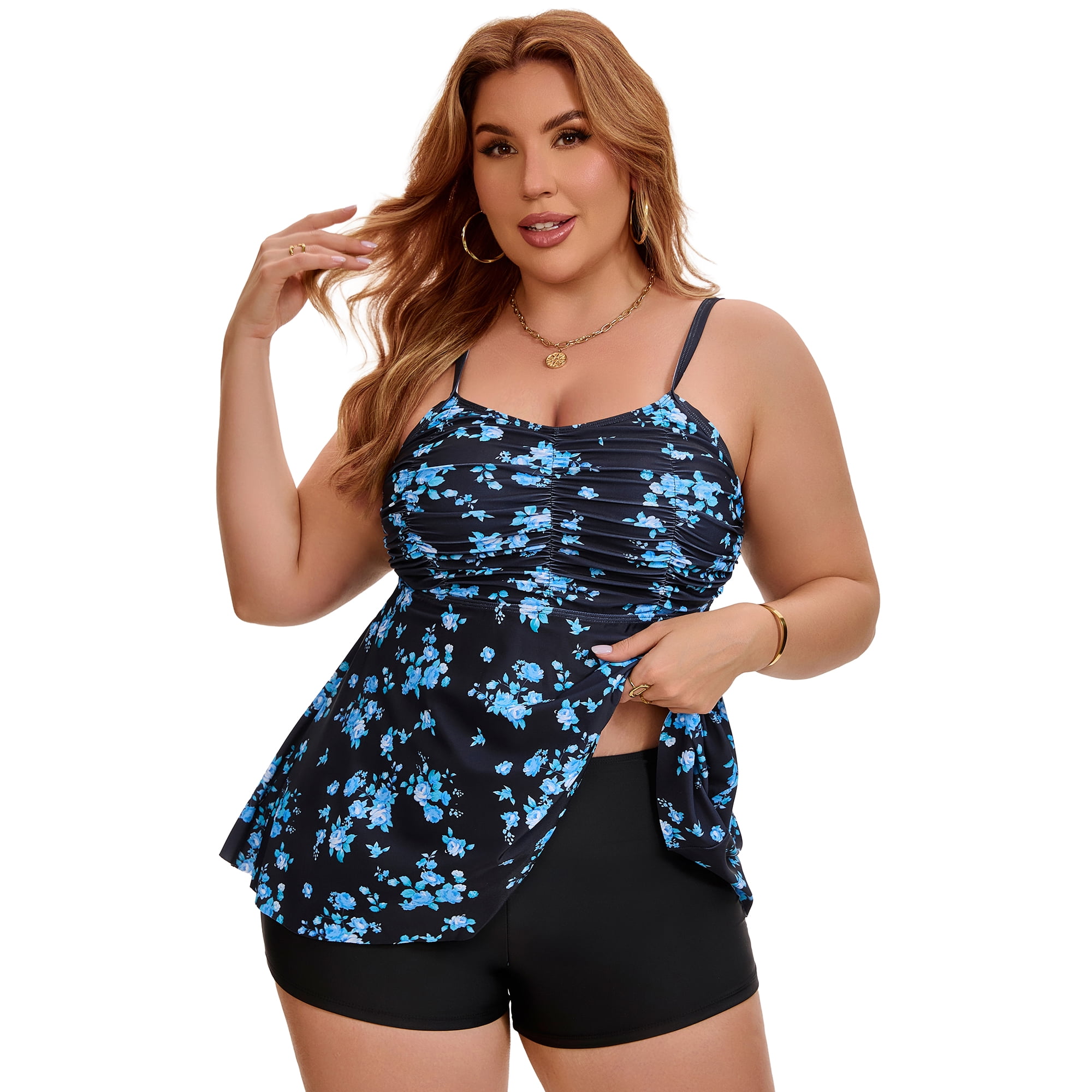 DARING DIVA Women's Plus Two Piece Swimsuit Tankini Top with Shorts L Blue