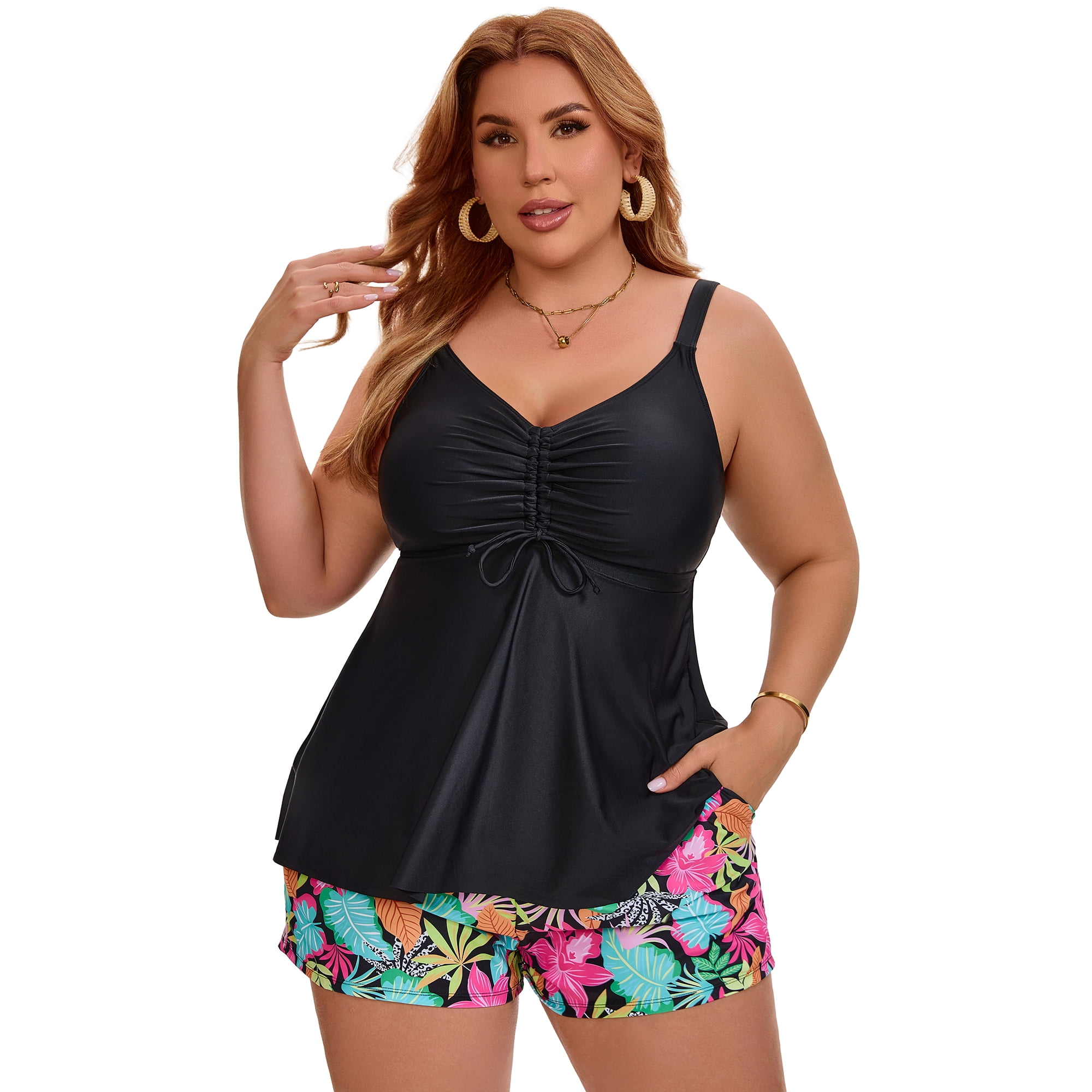 DARING DIVA Women's Plus Two Piece Tankini with Tummy Swimsuit 1X Black