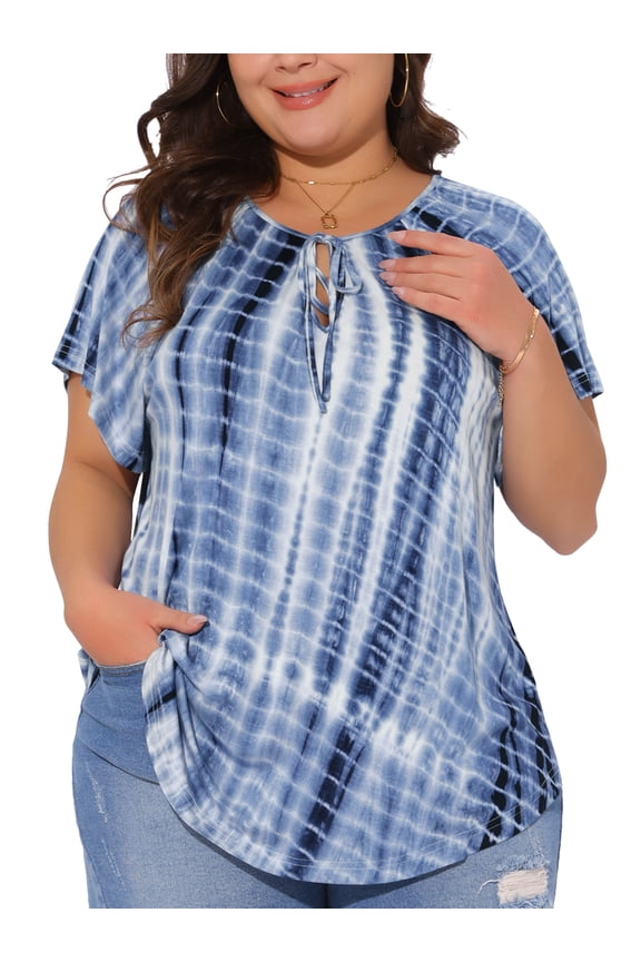 Women's Plus Tye Dye Short Sleeves Blouse 1X Blue