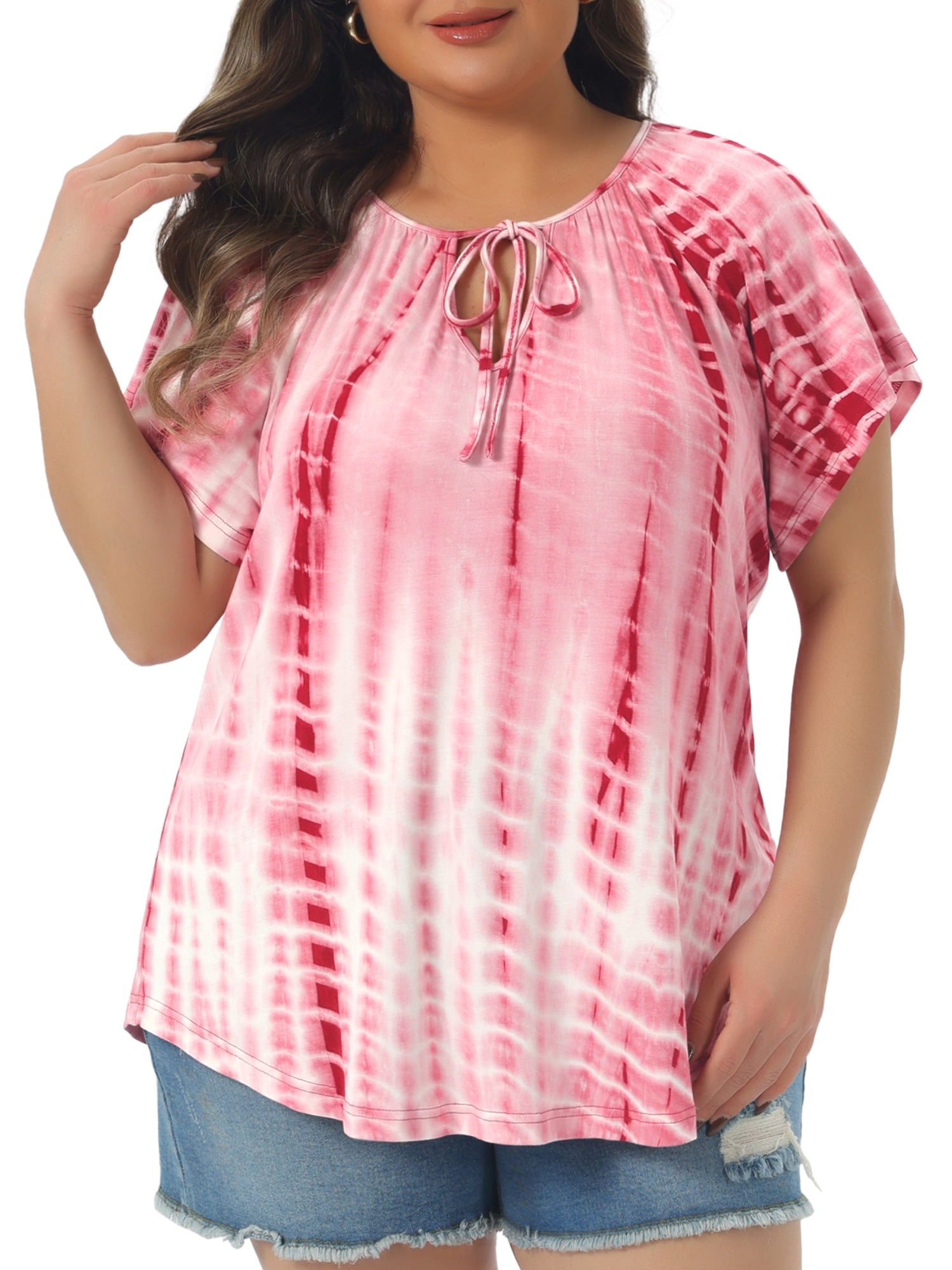 Women's Plus T-shirt Tye Dye Short Sleeve Casual Top with Comfort Fit 1X Pink