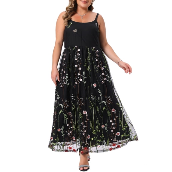 DARING DIVA Women's Plus U Neck Sleeveless Embroidered Mesh 3X Black