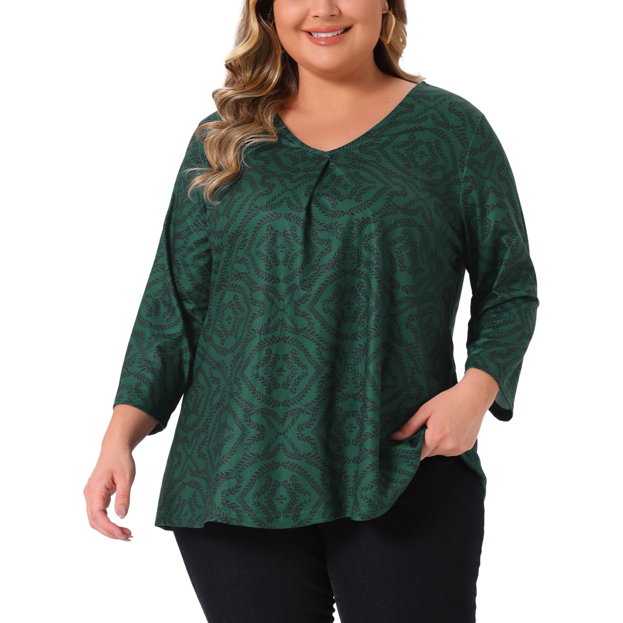 DARING DIVA Women's Plus V Neck 3/4 Sleeve Botanical Print Blouse Tunic Top 2X Dark Green
