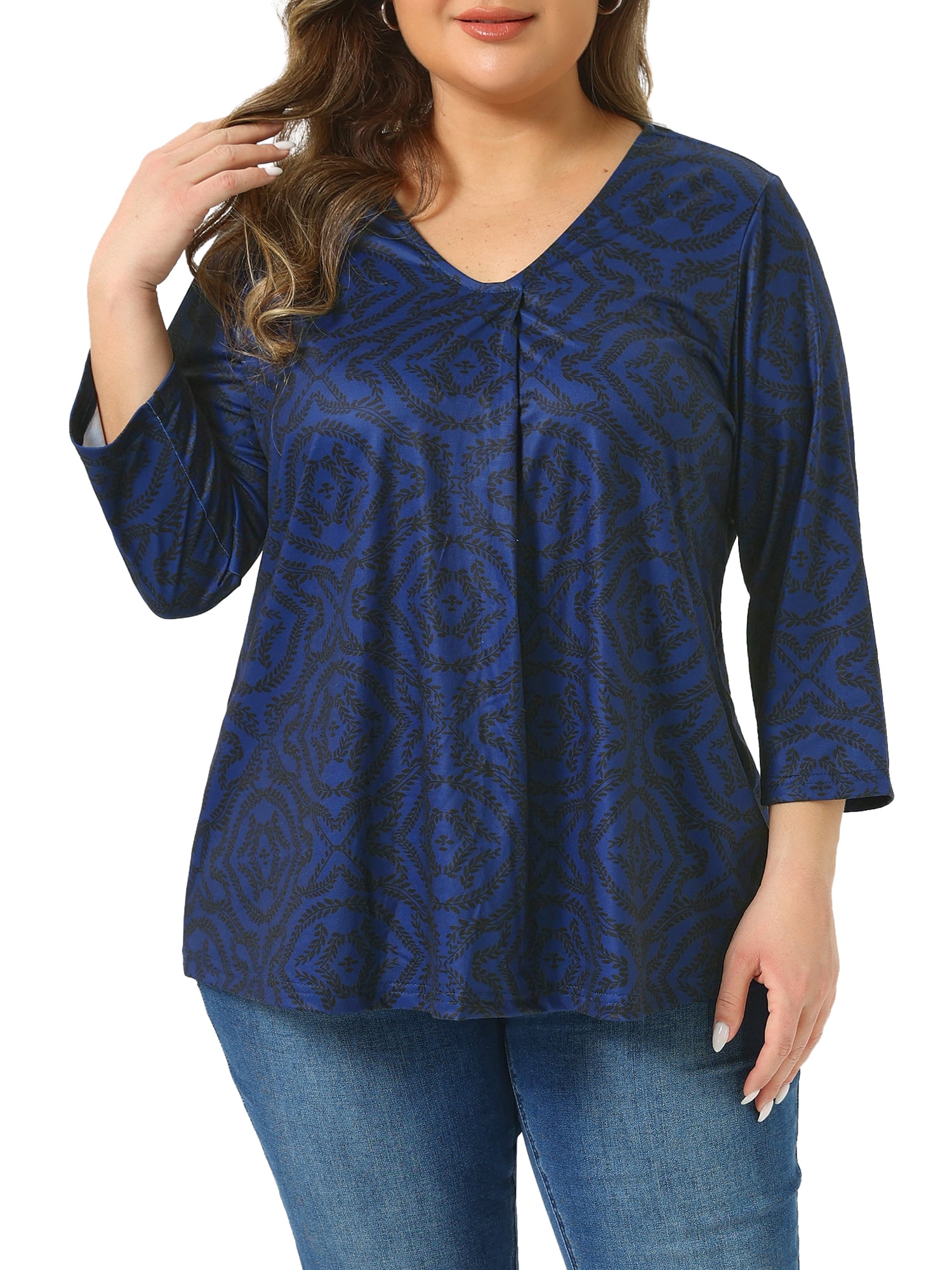 DARING DIVA Women's Plus V Neck 3/4 Sleeve Botanical Print Blouse Tunic Top 3X Navy Blue