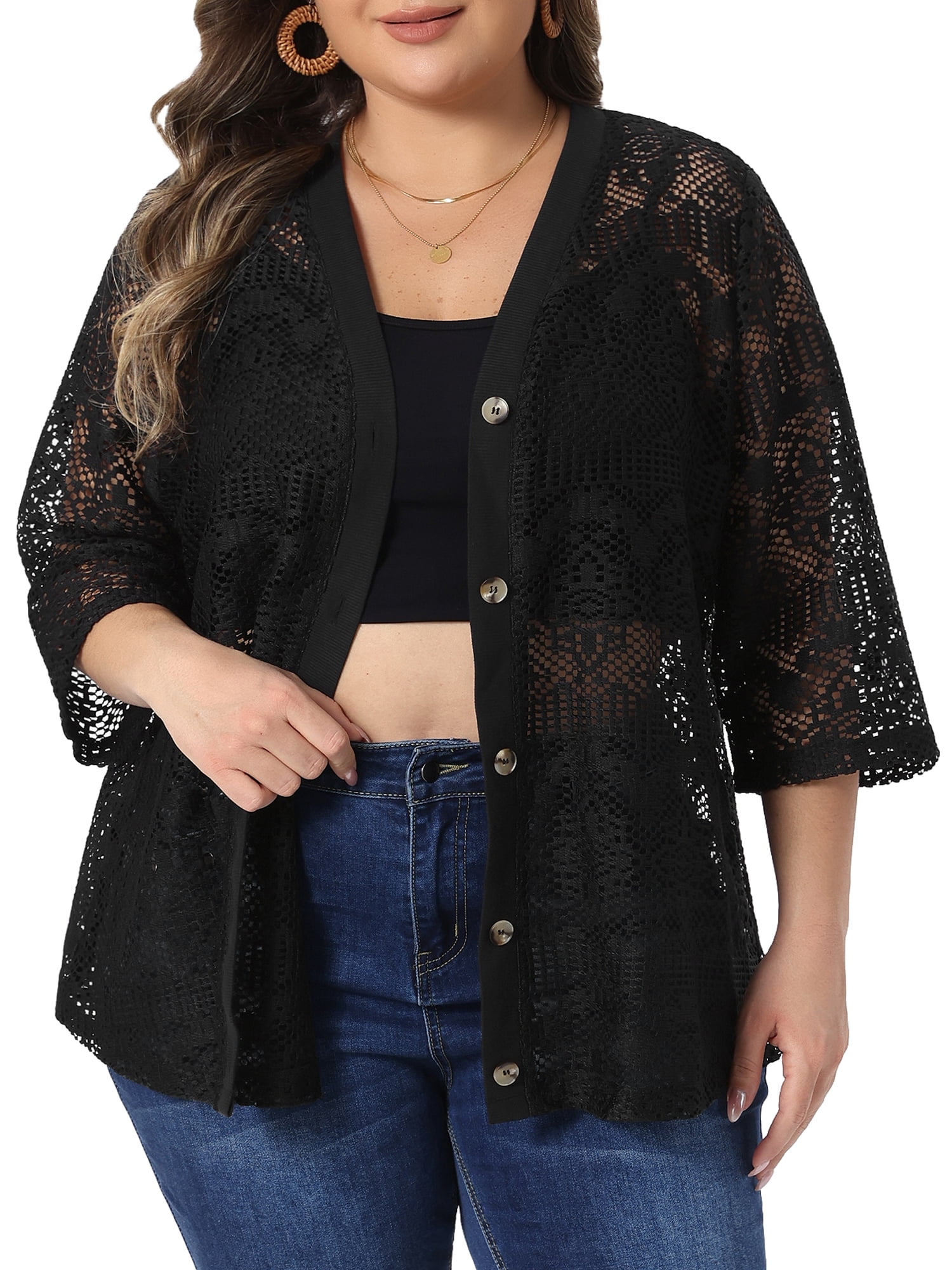 DARING DIVA Women's Plus V Neck 3/4 Sleeve Crochet Button Front Cover Up 1X Black