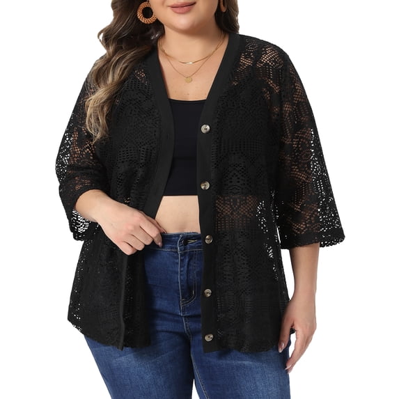 DARING DIVA Women's Plus V Neck 3/4 Sleeve Crochet Button Front Cover Up 1X Black
