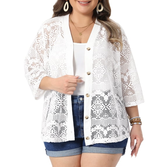 DARING DIVA Women's Plus V Neck 3/4 Sleeve Crochet Button Front Cover Up 2X White