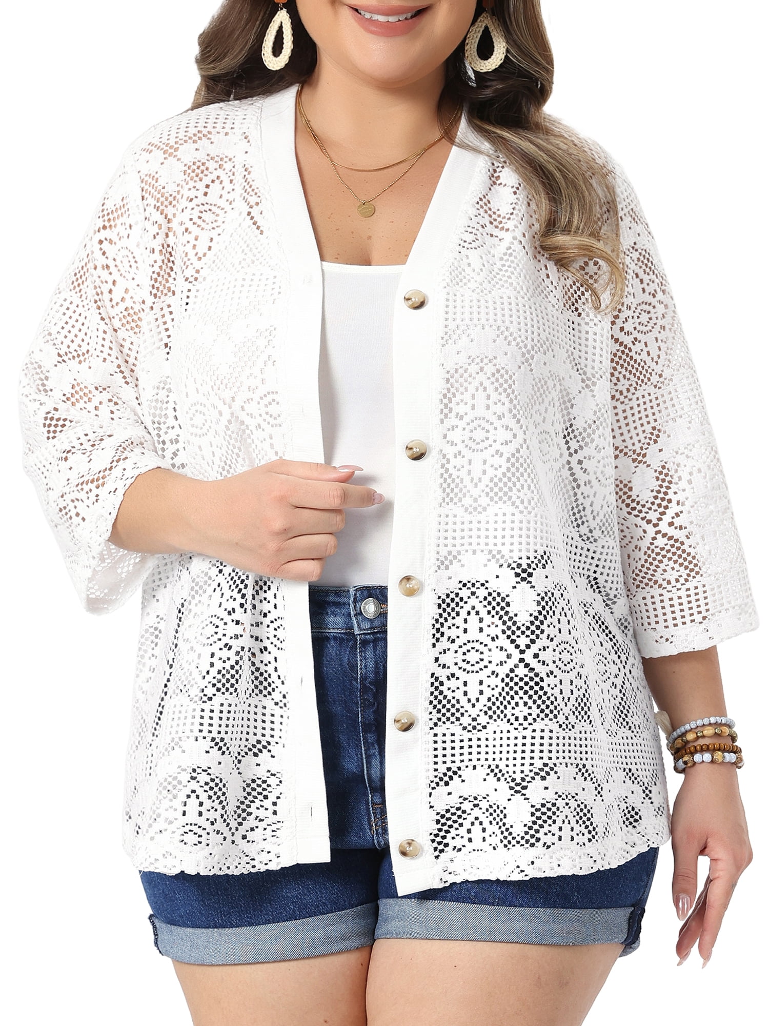 DARING DIVA Women's Plus V Neck 3/4 Sleeve Crochet Button Front Cover Up 3X White