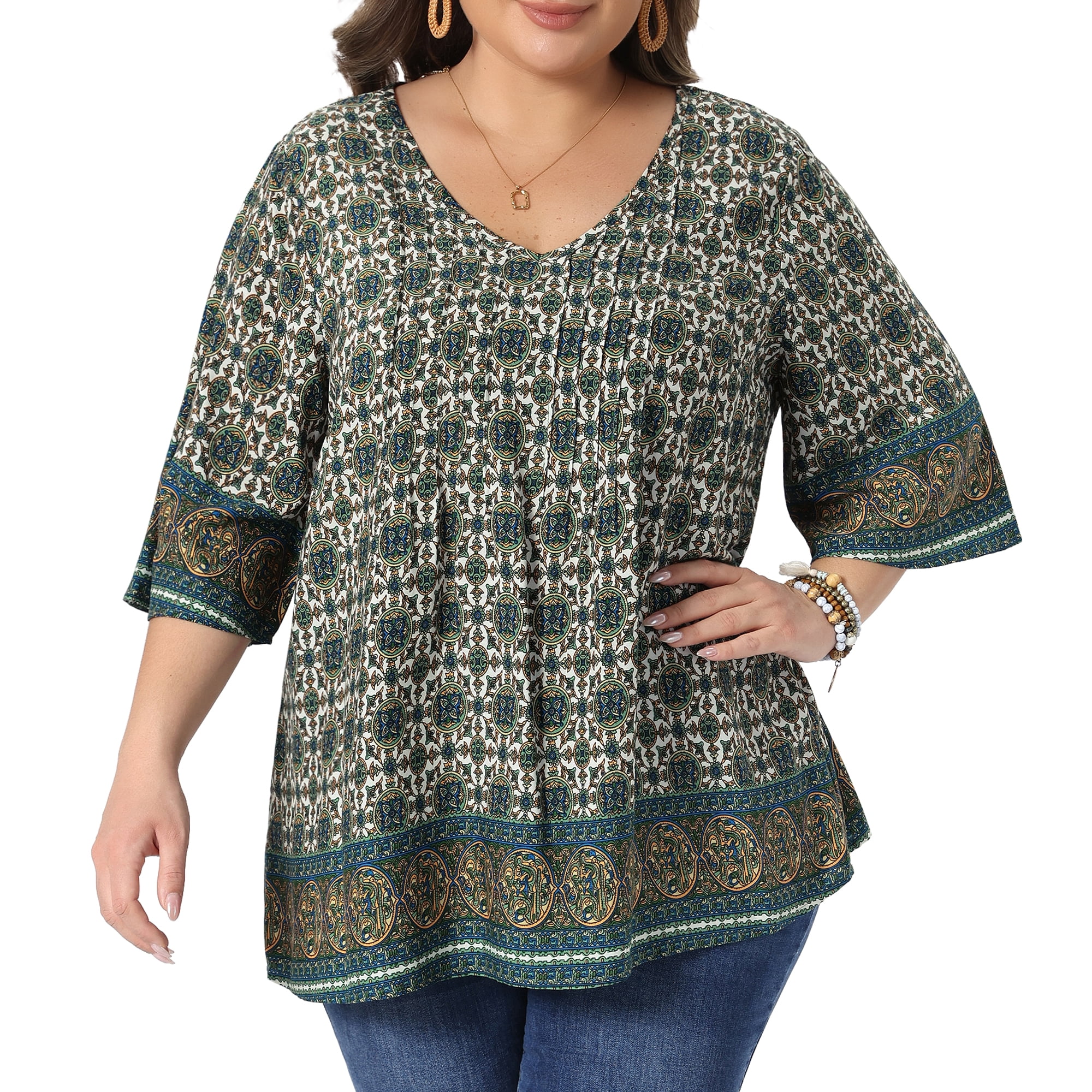 DARING DIVA Women's Plus V Neck 3/4 Sleeve Floral Print Work Tunic Blouse 4X Green