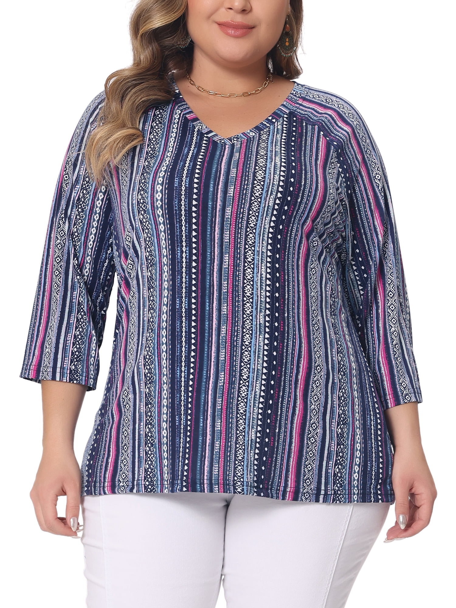 Women's Plus Tops V Neck 3/4 Sleeve Knit Blouse Tee Shirt Stripe Boho Tops 1X Navy Blue