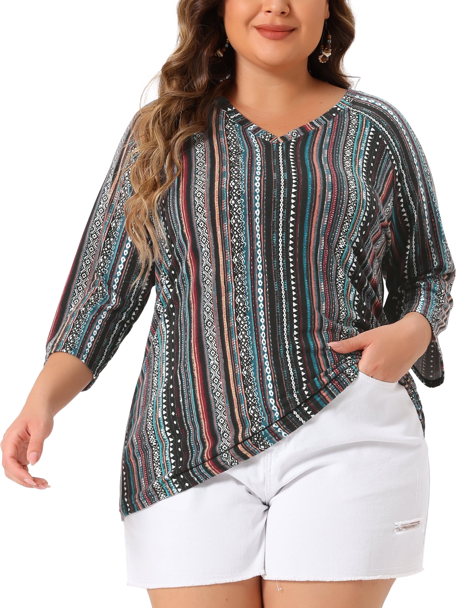 Women's Plus Tops V Neck 3/4 Sleeve Knit Blouse Tee Shirt Stripe Boho Tops 3X Green