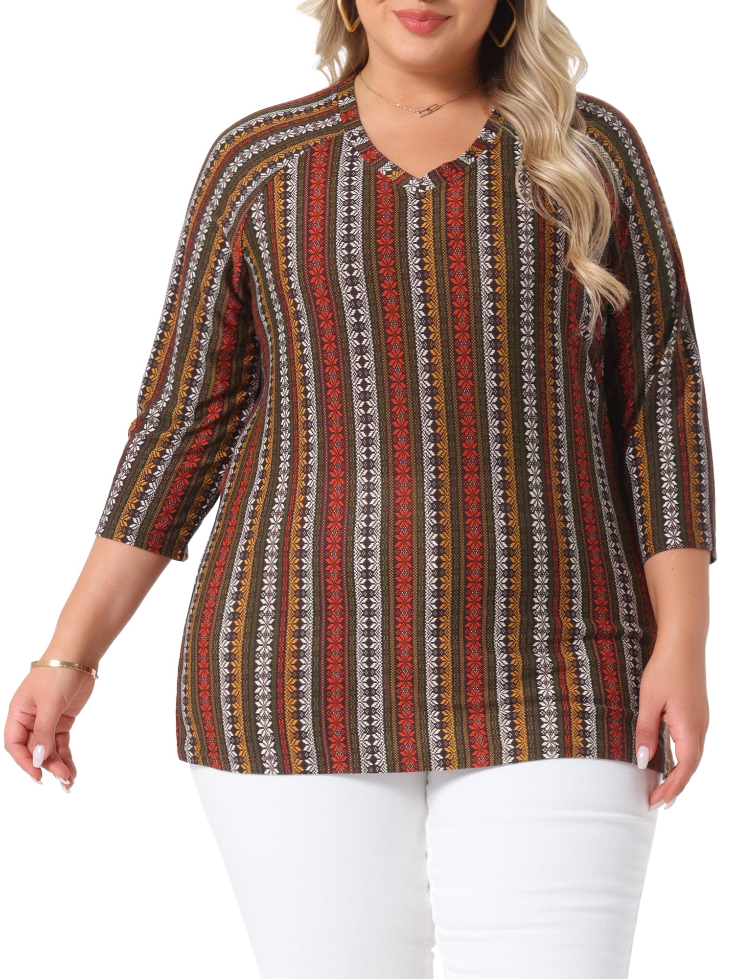 Women's Plus Tops V Neck 3/4 Sleeve Knit Blouse Tee Shirt Stripe Boho Tops 3X Red Brown