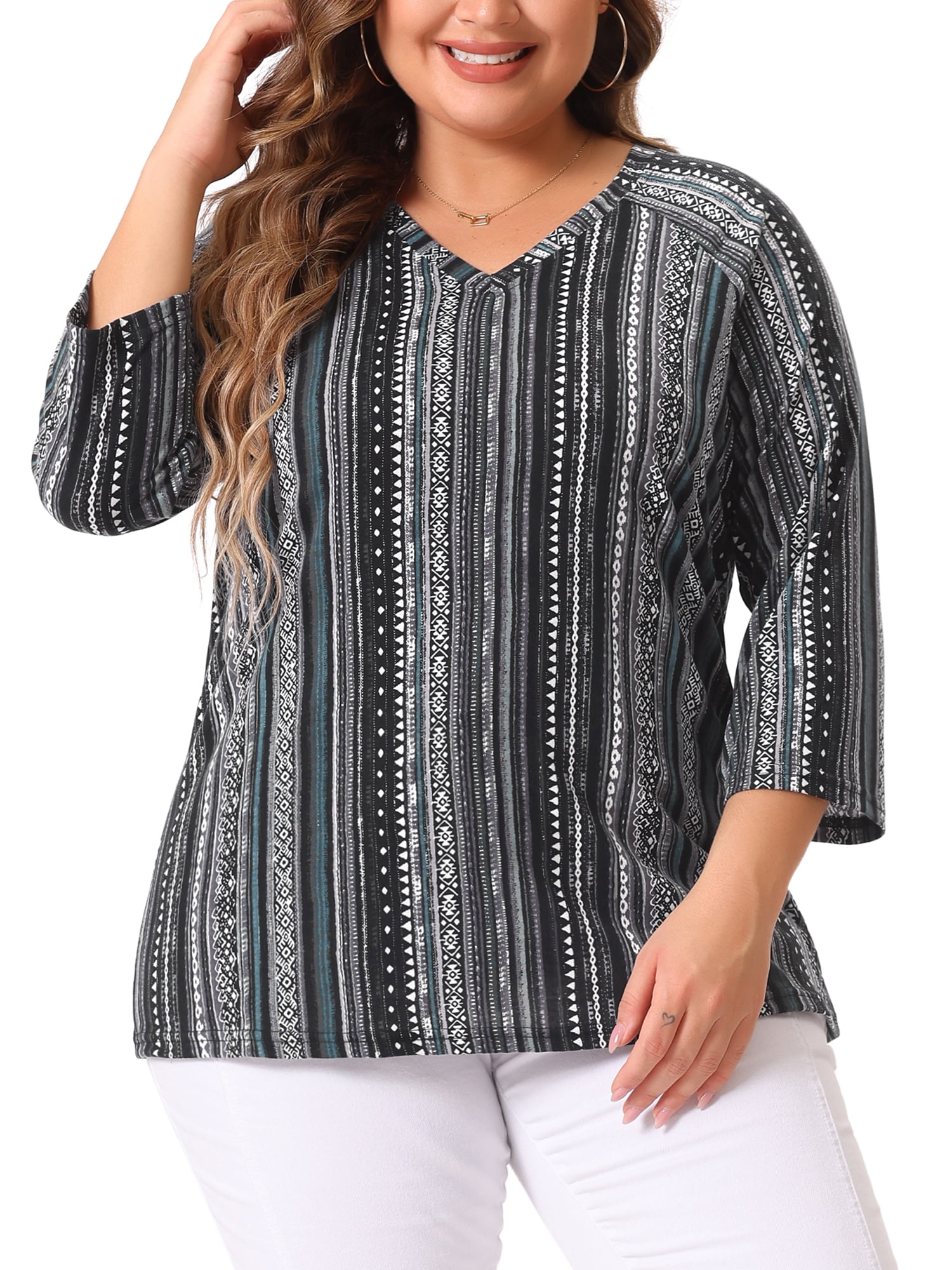 Women's Plus Tops V Neck 3/4 Sleeve Knit Blouse Tee Shirt Stripe Boho Tops 4X Black