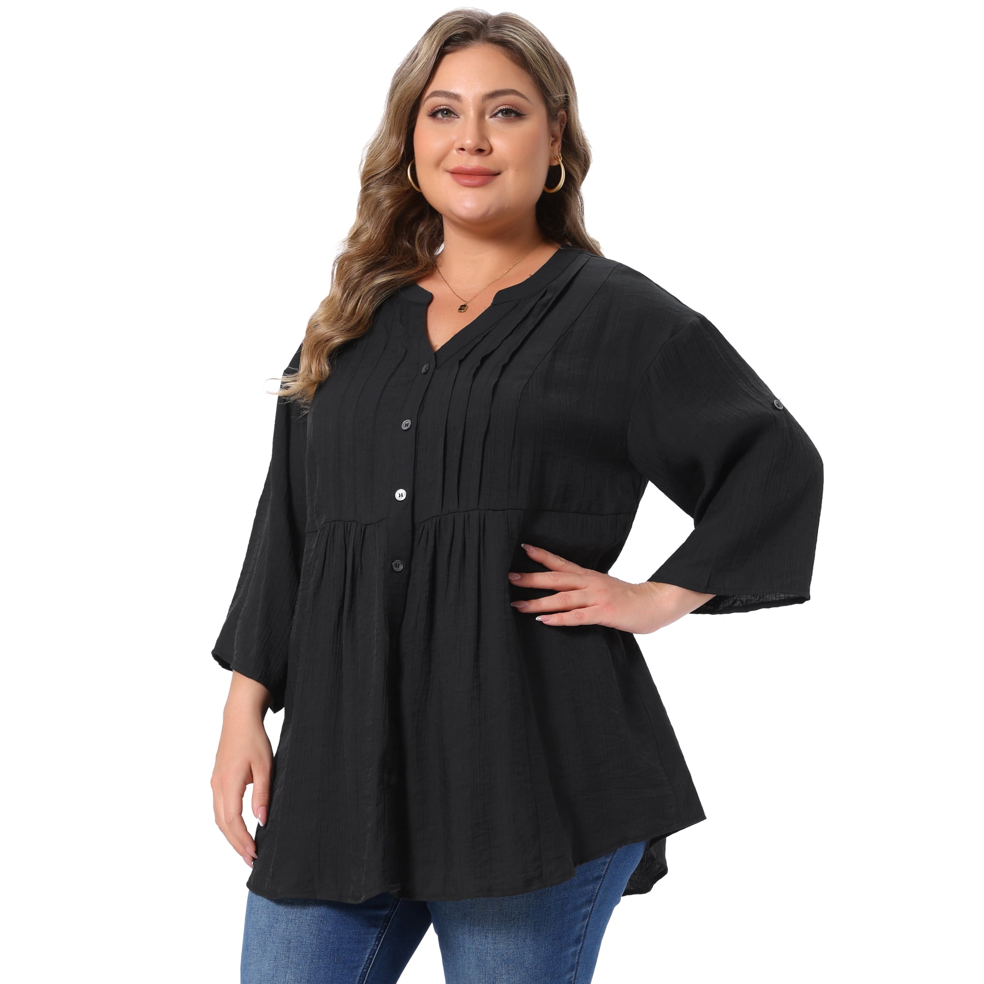 DARING DIVA Women's Plus V Neck 3/4 Sleeve Pleated Textured Dressy Button Shirts 4X Black
