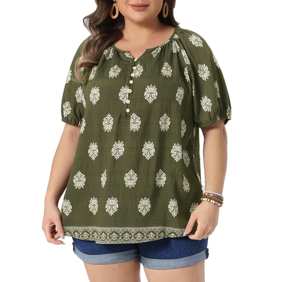 DARING DIVA Women's Plus Summer Top V Neck Short Sleeve Blouses 1X Army Green