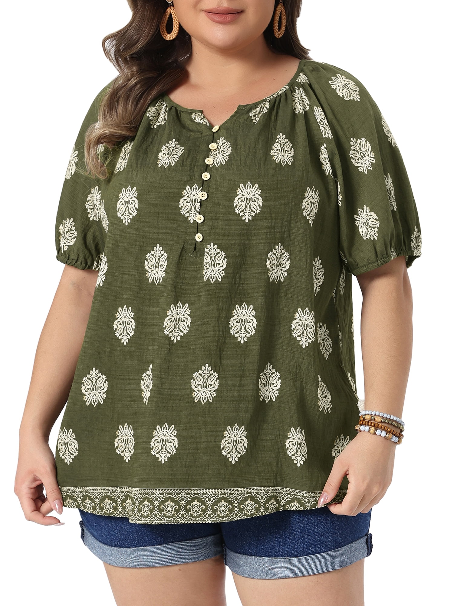 DARING DIVA Women's Plus Summer Top V Neck Short Sleeve Blouses 2X Army Green