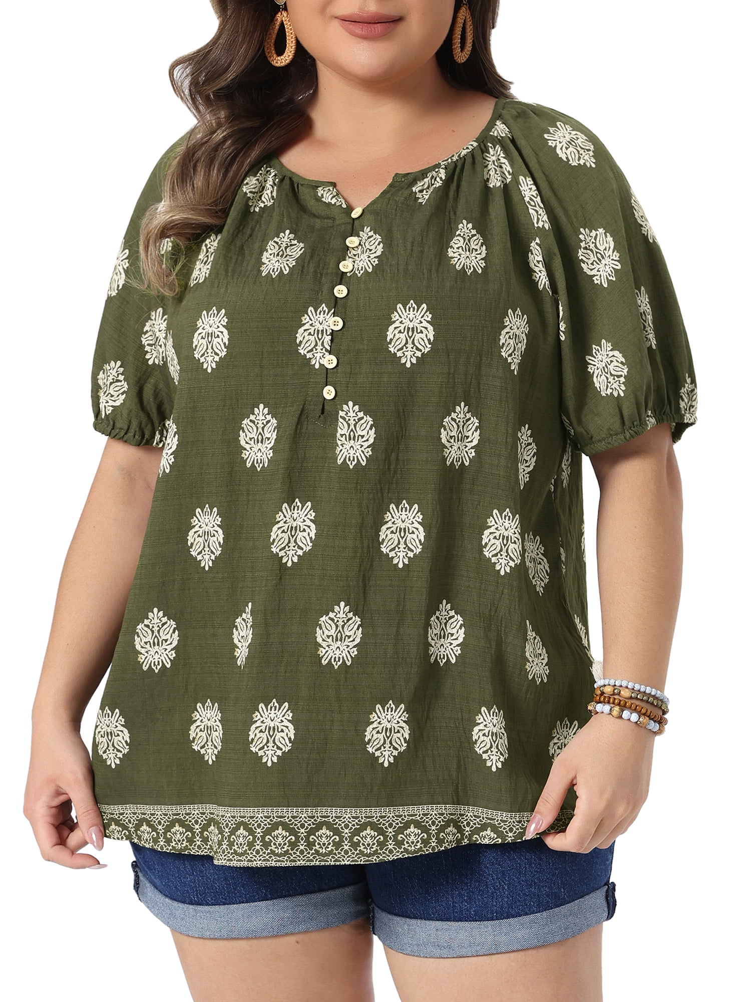 DARING DIVA Women's Plus Summer Top V Neck Short Sleeve Blouses 3X Army Green
