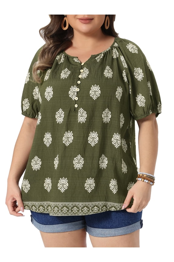 Women's Plus Summer Top V Neck Short Sleeve Blouses 3X Army Green
