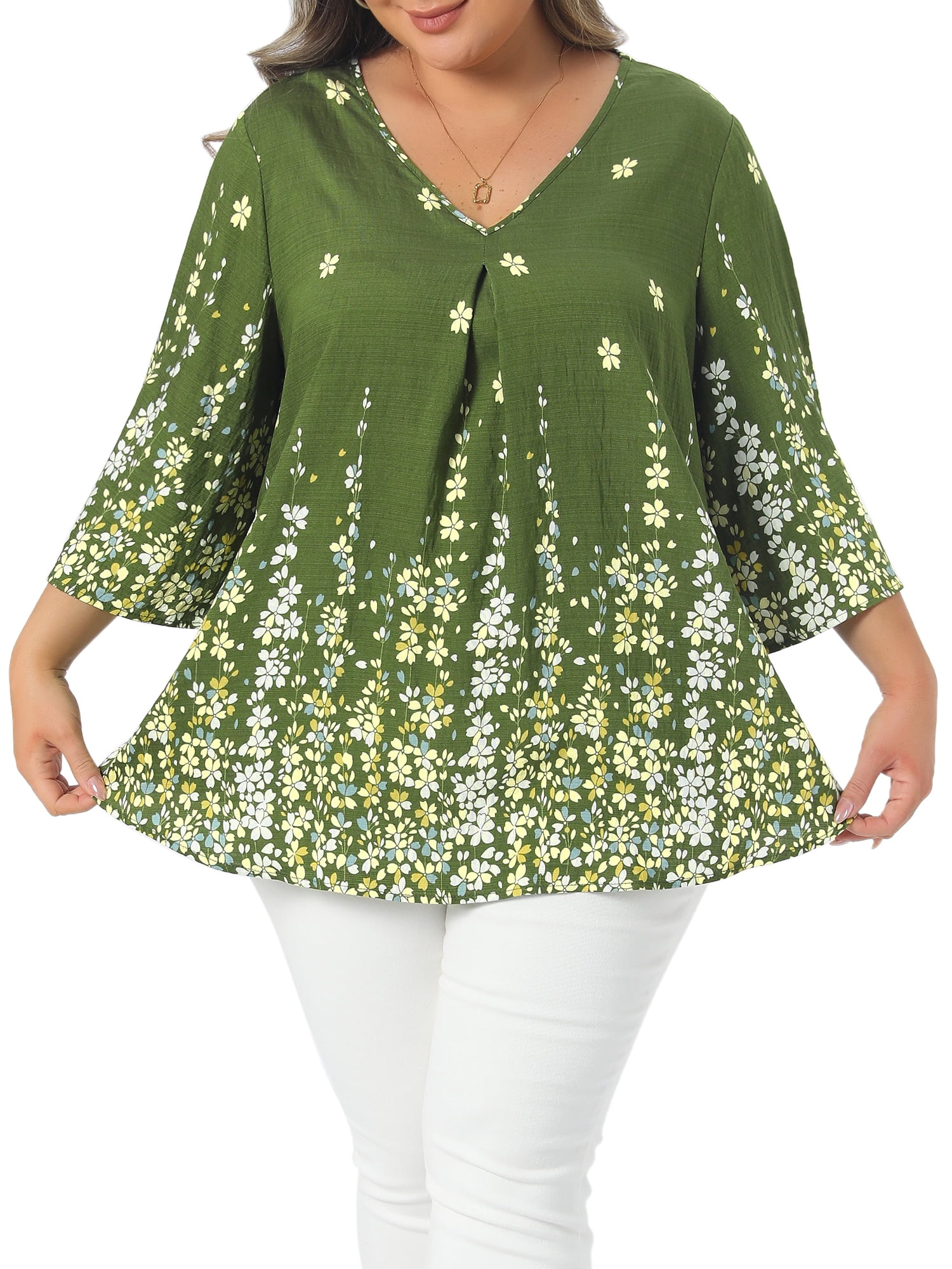 DARING DIVA Women's Plus V Neck Boho Floral Top Vacation 3X Green