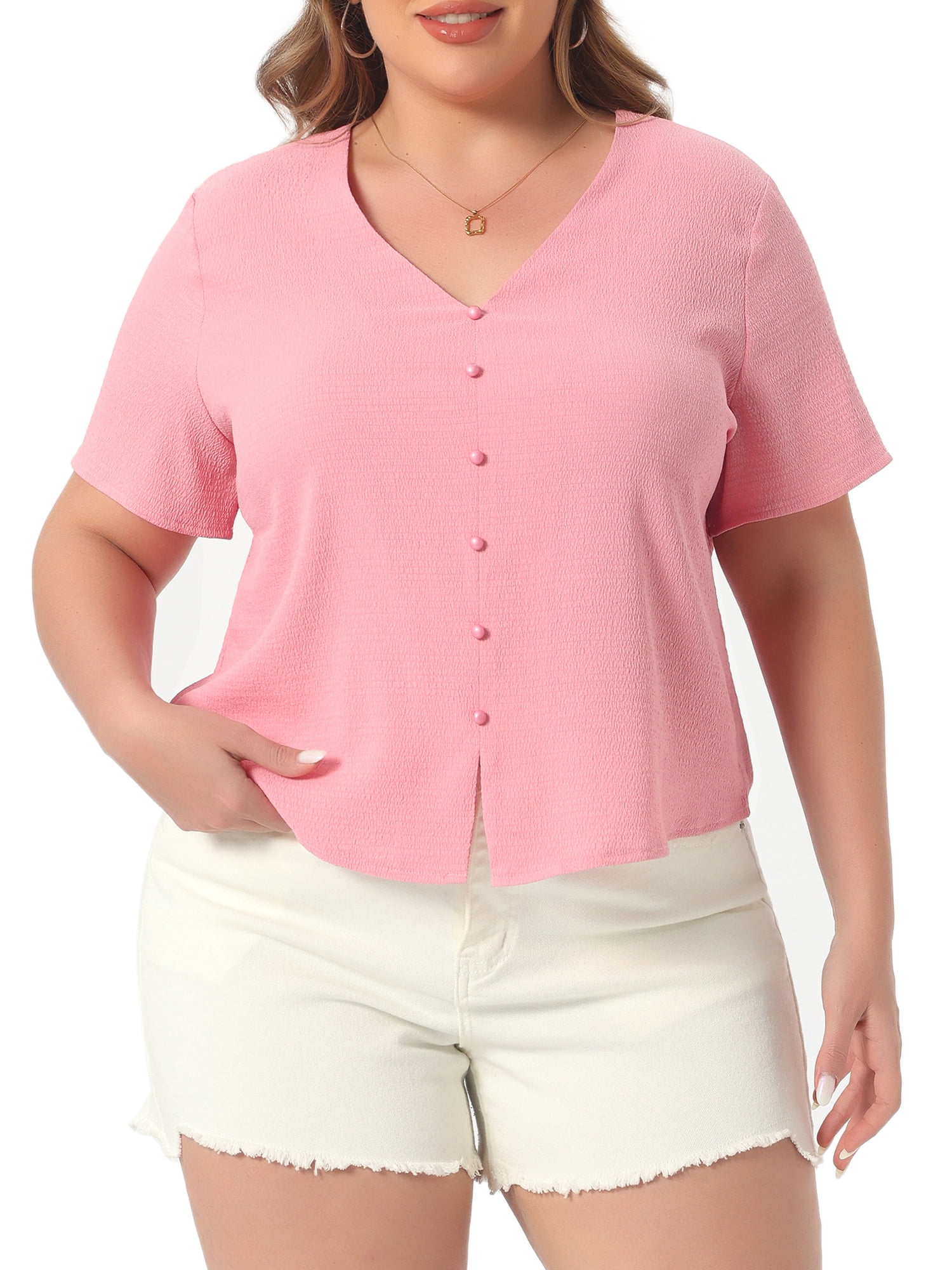 DARING DIVA Women's Plus V Neck Button Casual Blouse 3X Dark Pink