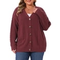 thumbnail image 1 of DARING DIVA Women's Plus V Neck Button Down Sweater Oversized Jacket 1X Burgundy, 1 of 7