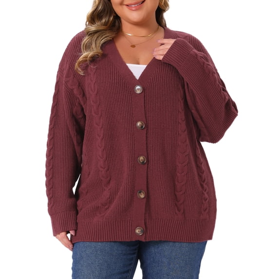 DARING DIVA Women's Plus V Neck Button Down Sweater Oversized Jacket 1X Burgundy