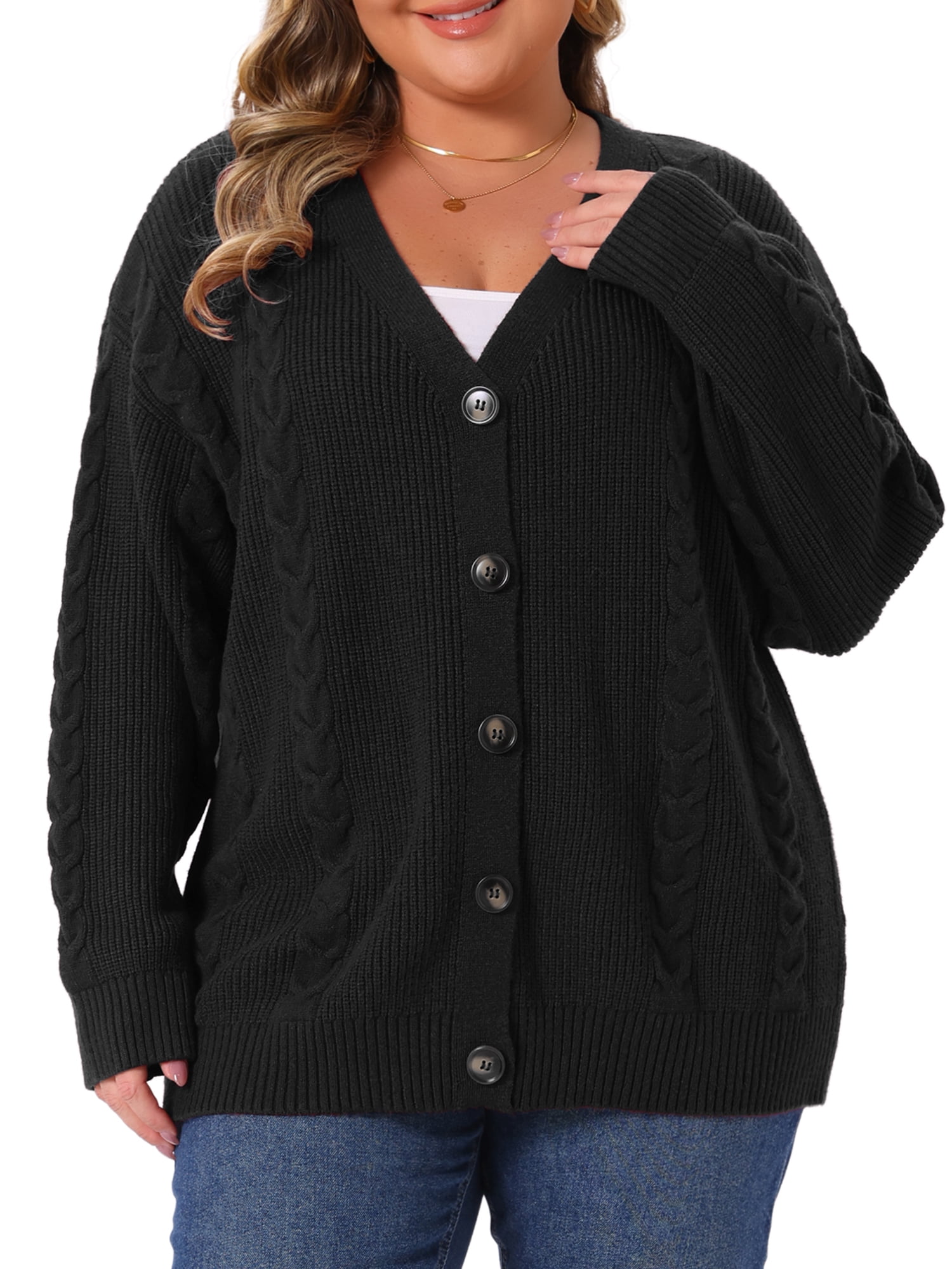 DARING DIVA Women's Plus V Neck Button Down Sweater Oversized Jacket 4X Black