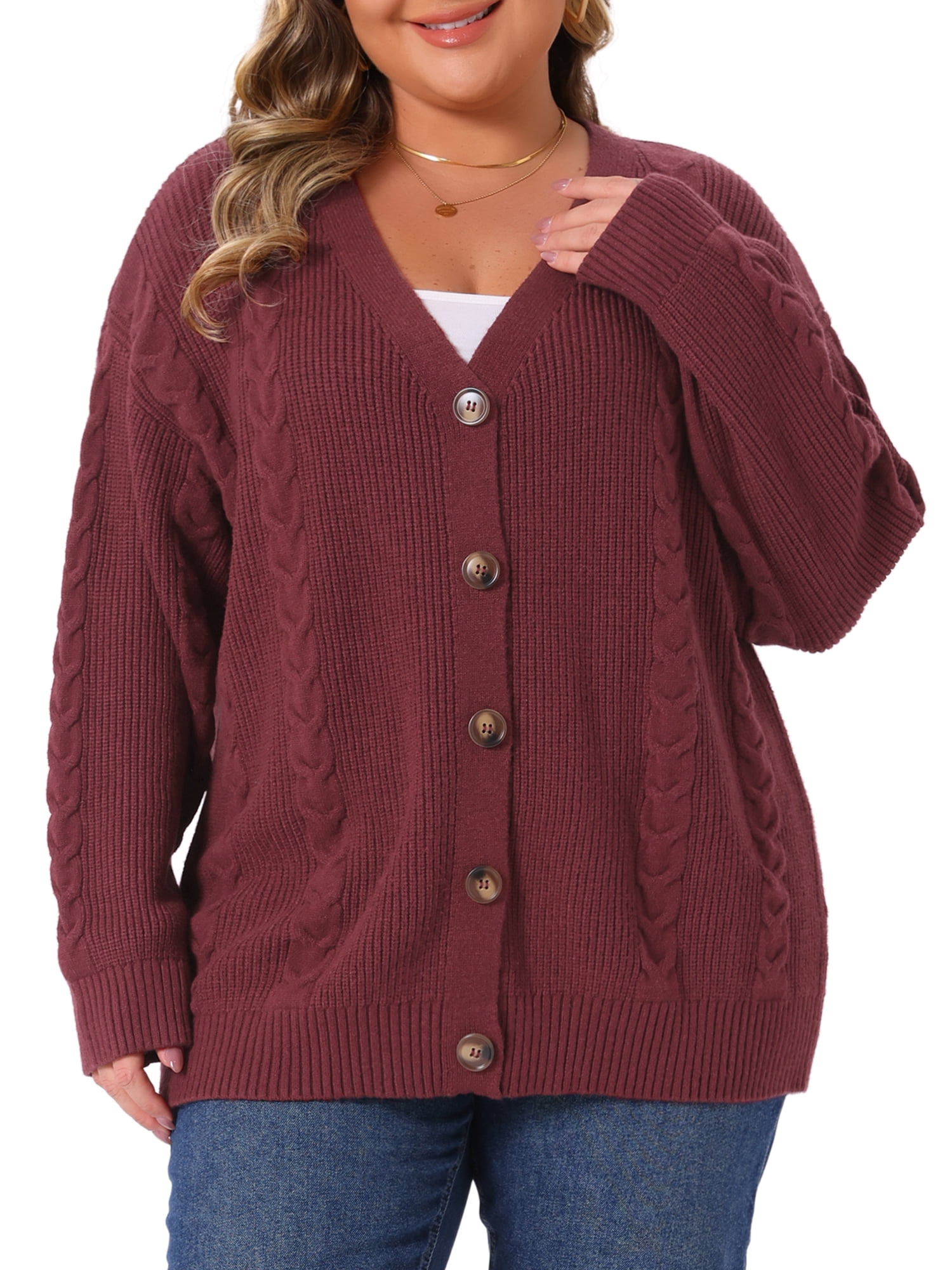 DARING DIVA Women's Plus V Neck Button Down Sweater Oversized Jacket 4X Burgundy