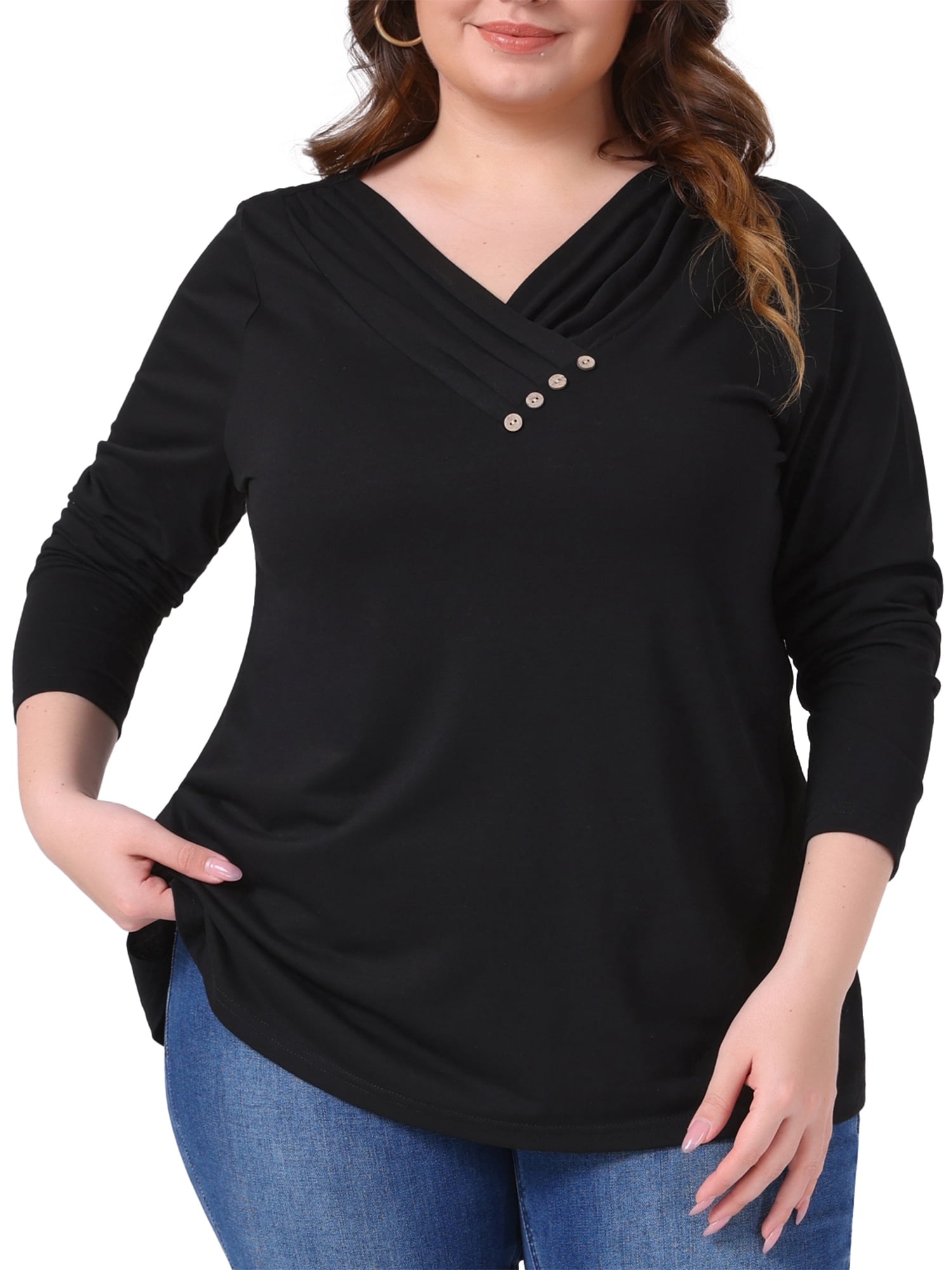 DARING DIVA Women's Plus V Neck Button Fall Pullover Shirt Loose Blouse 1X Black