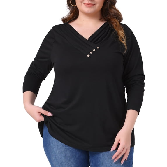 DARING DIVA Women's Plus V Neck Button Fall Pullover Shirt Loose Blouse 1X Black