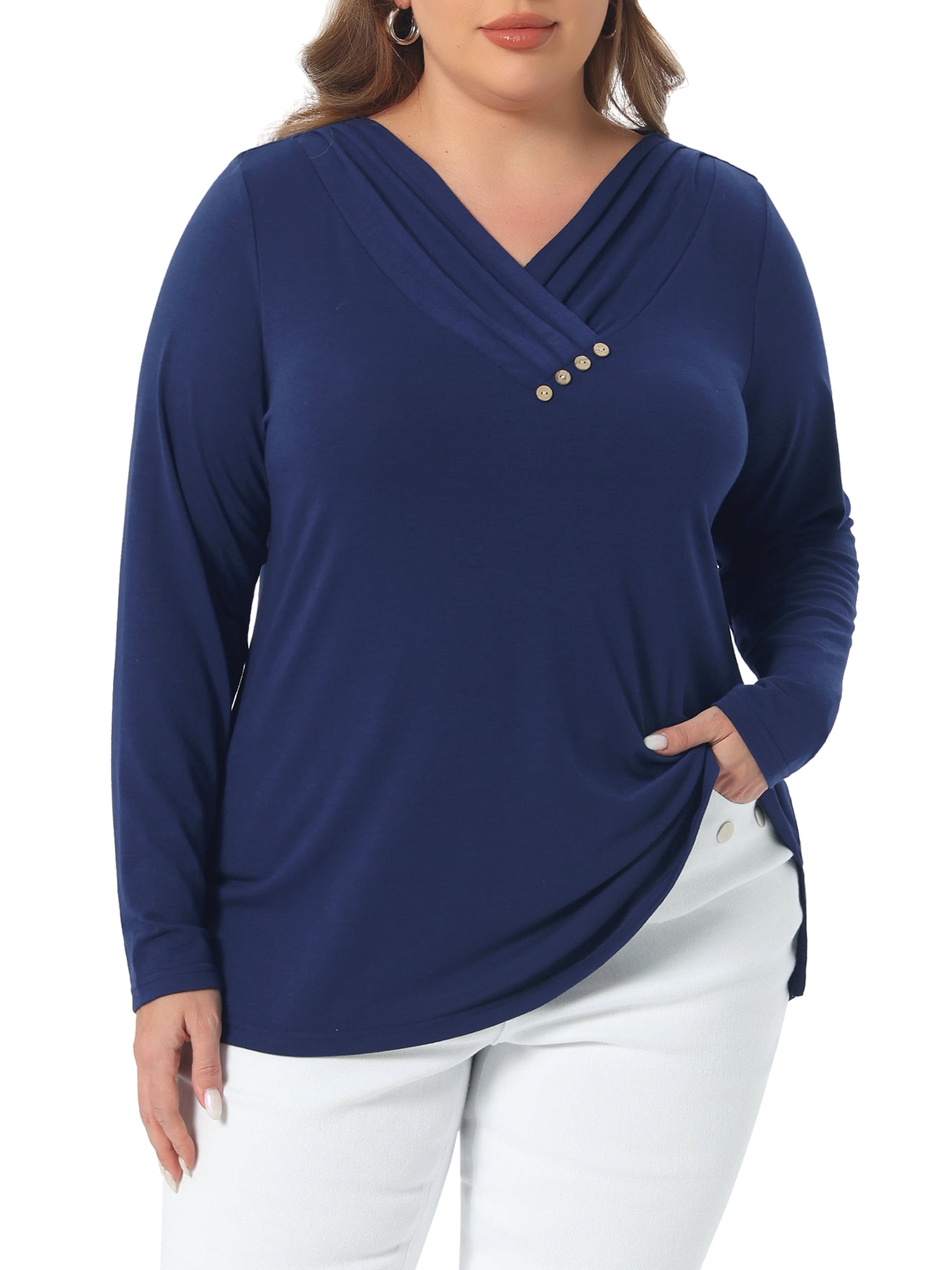 DARING DIVA Women's Plus V Neck Button Fall Pullover Shirt Loose Blouse 1X Dark Blue
