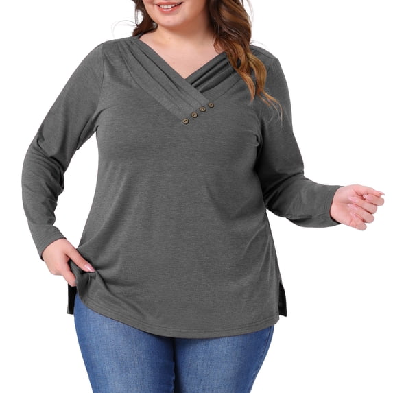 DARING DIVA Women's Plus V Neck Button Fall Pullover Shirt Loose Blouse 2X Grey
