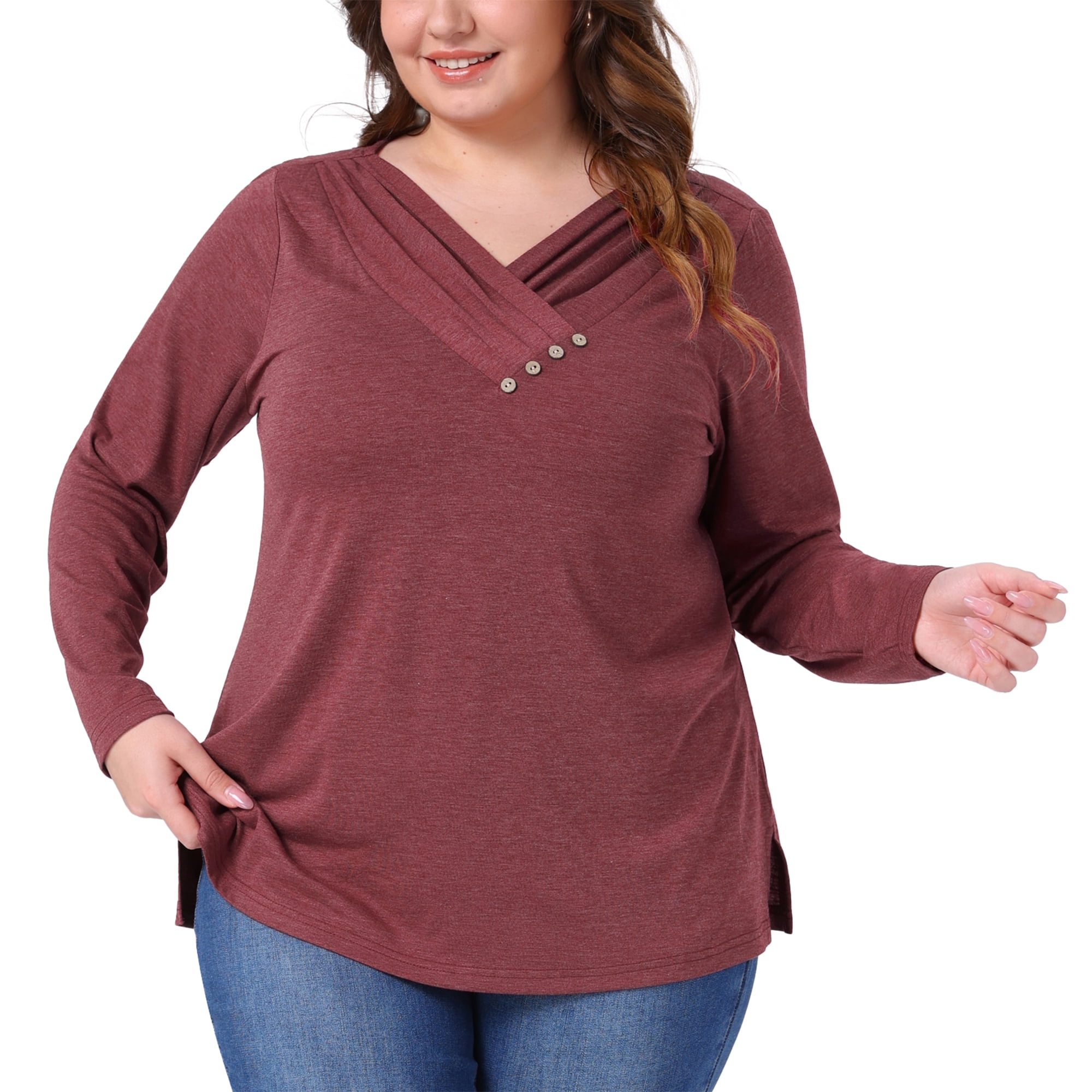 DARING DIVA Women's Plus V Neck Button Fall Pullover Shirt Loose Blouse 4X Burgundy