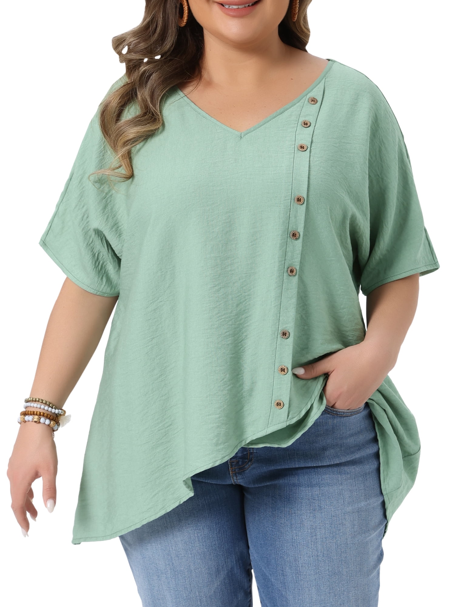 DARING DIVA Women's Plus V Neck Button Irregular Hem Blouses T-Shirts 1X Green