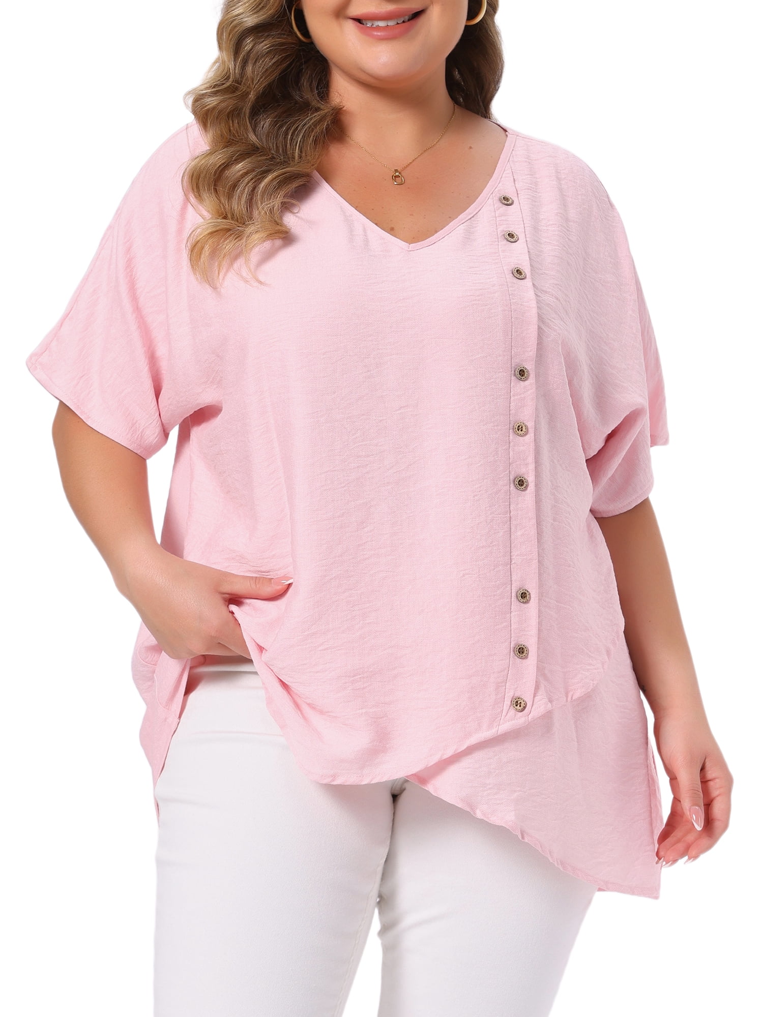 DARING DIVA Women's Plus V Neck Button Irregular Hem Blouses T-Shirts 4X Pink