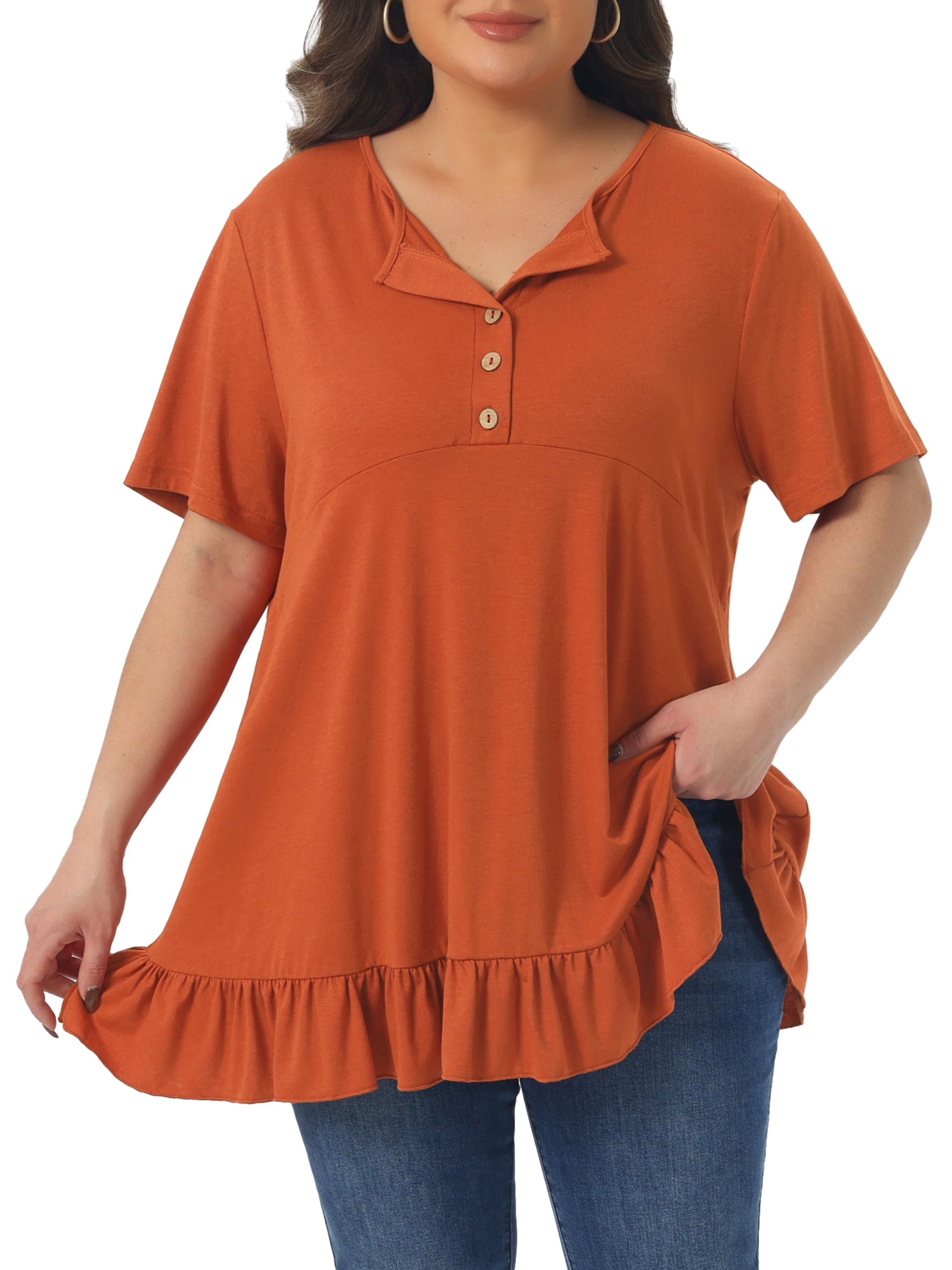 Women's Plus T Shirts Henley V Neck Button Up Short Sleeve Ruffled Hem Blouses Tops 4X Caramel