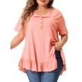 thumbnail image 1 of DARING DIVA Women's Plus V Neck Button Up Ruffled Hem Blouse Tops 1X Pink, 1 of 6
