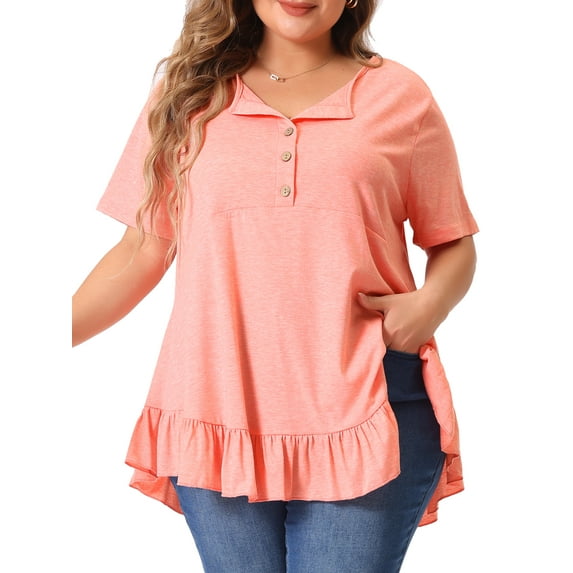 DARING DIVA Women's Plus V Neck Button Up Ruffled Hem Blouse Tops 1X Pink