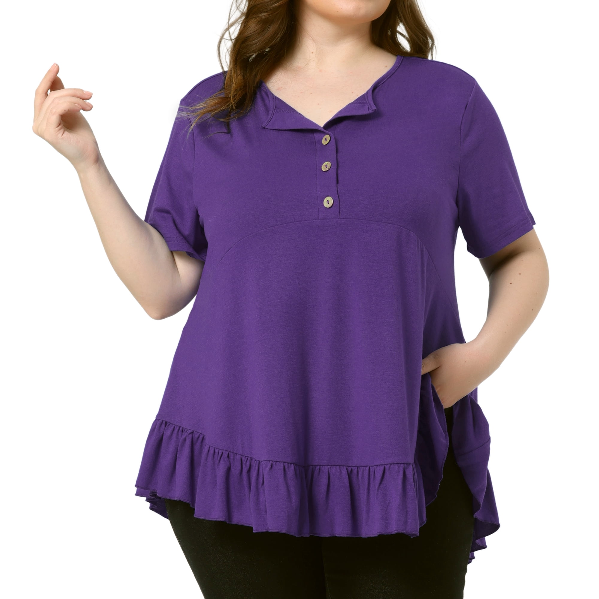 Women's Plus T Shirts Henley V Neck Button Up Short Sleeve Ruffled Hem Blouses Tops 1X Purple