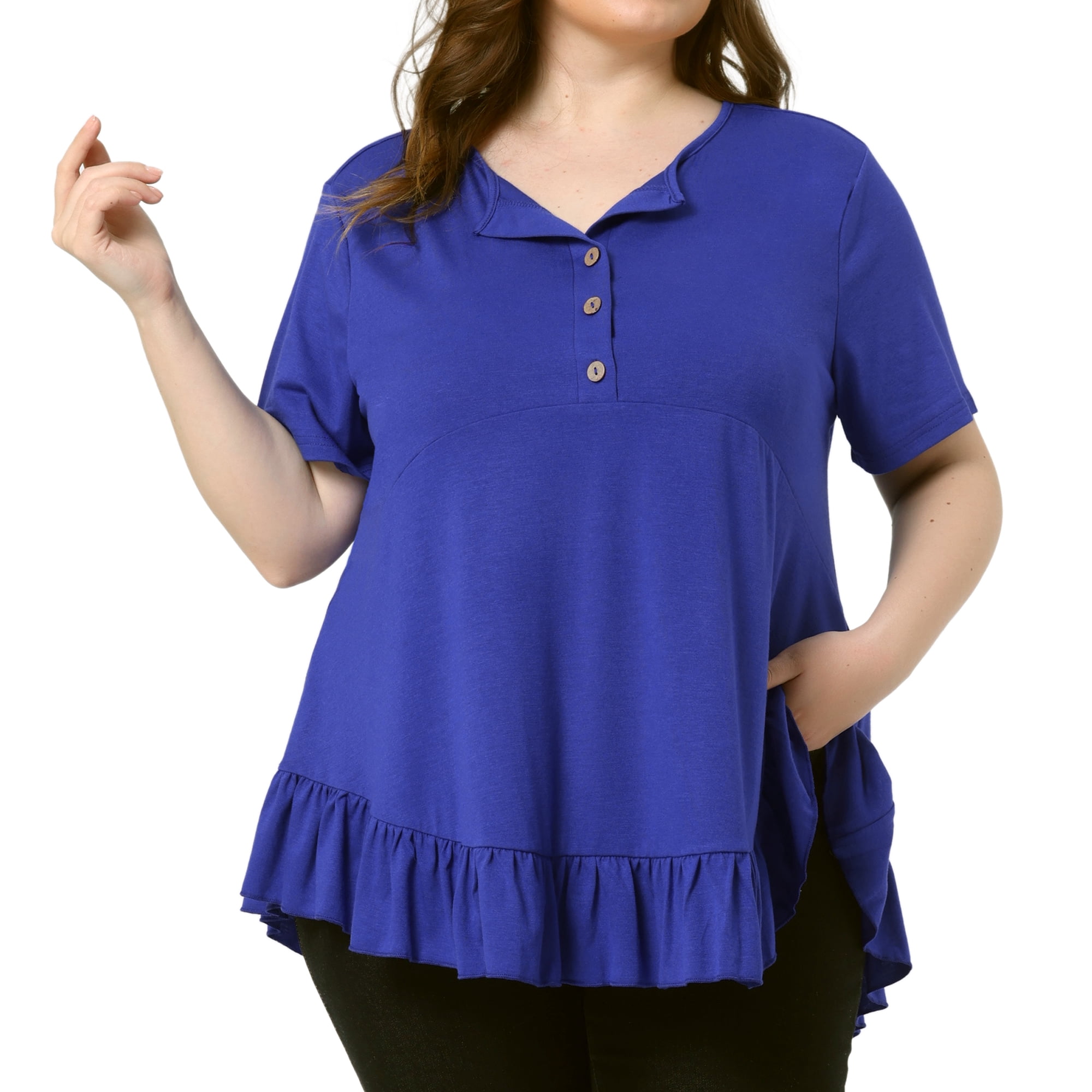 Women's Plus T Shirts Henley V Neck Button Up Short Sleeve Ruffled Hem Blouses Tops 1X Royal Blue