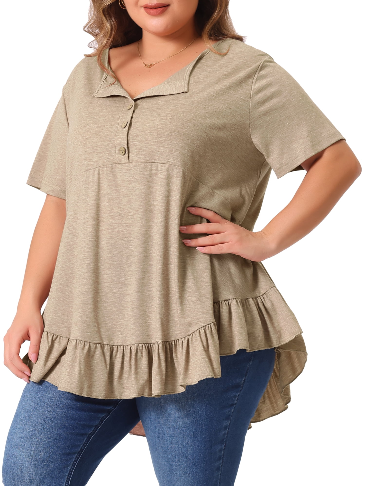 Women's Plus T Shirts Henley V Neck Button Up Short Sleeve Ruffled Hem Blouses Tops 2X Khaki Brown