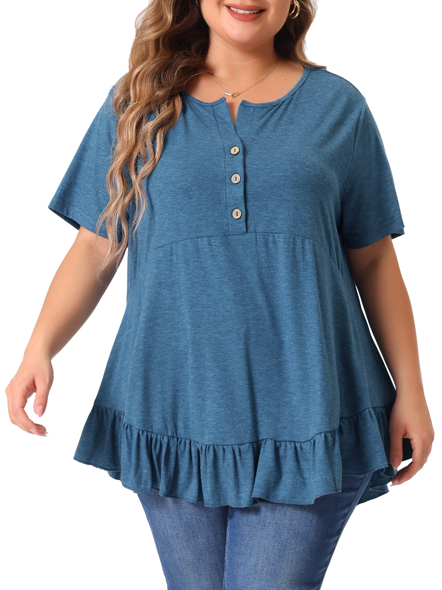 Women's Plus T Shirts Henley V Neck Button Up Short Sleeve Ruffled Hem Blouses Tops 4X Blue