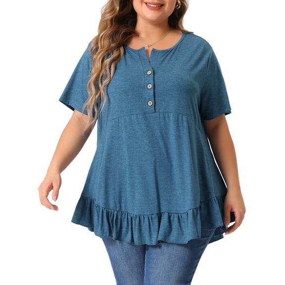 DARING DIVA Women's Plus V Neck Button Up Short Sleeve Ruffled Hem Top 4X Blue