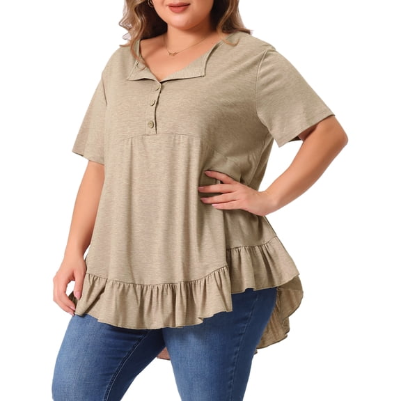 Women's Plus T Shirts Henley V Neck Button Up Short Sleeve Ruffled Hem Blouses Tops 4X Khaki Brown