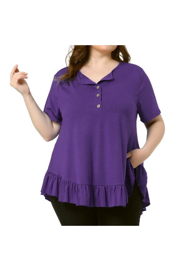 DARING DIVA Women's Plus V Neck Button Up Short Sleeve Ruffled Hem Top 4X Purple